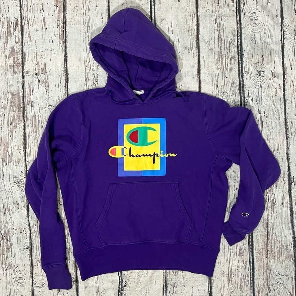 Champion Reverse Weave Purple Logo Hoodie Pullover Sweatshirt